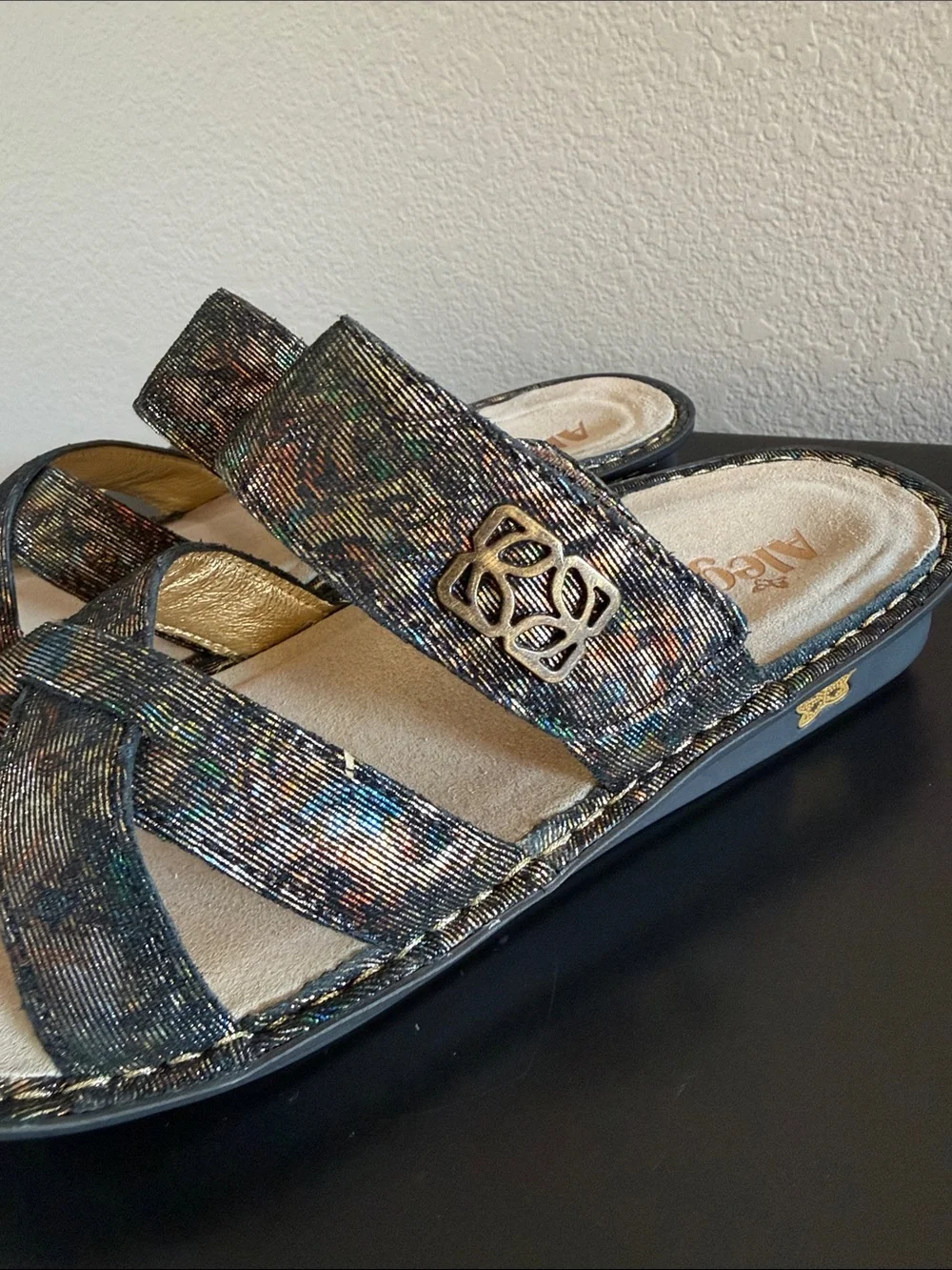 Alegria Women’s Metallic Multi-Color Cross-Strap Slide Sandals